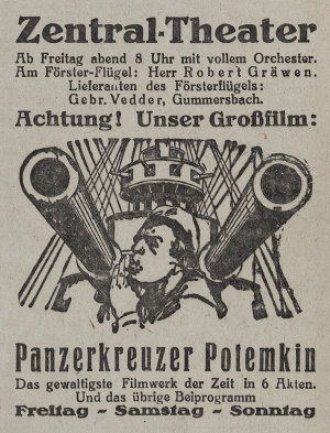 Historische Anzeige „Panzerkreuzer Potemkin“, Zentral-Theater Gummersbach, 1926 (Foto: Anna Domnick