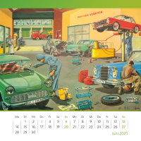 Juni-Kalenderblatt. Nach dem Service ist wieder alles im grünen Bereich. Schulwandtafel mit Autowerkstatt, Druckgrafik, 1964. Foto: Oliver Kolken